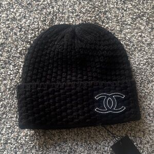 CHANEL Black Quilted Knit Beanie with Embroidered CC